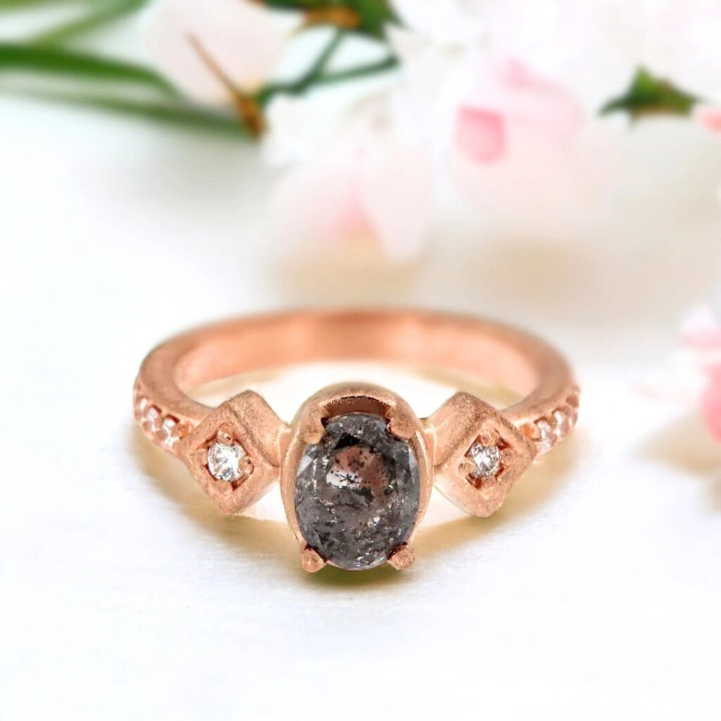 Rose Gold Salt and Pepper Diamond Ring Oval Center 1.51ct