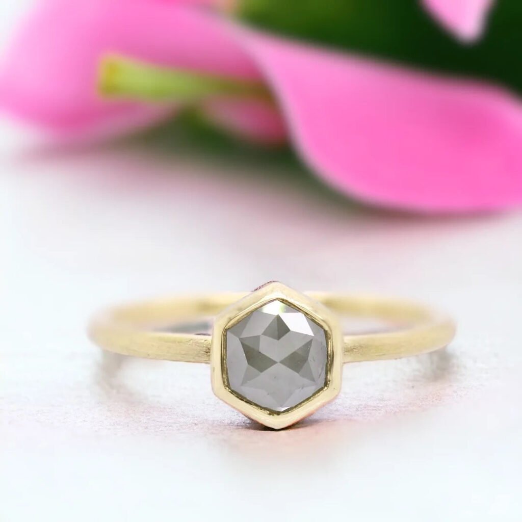 Rose Hexagon Salt And Pepper Diamond Ring With Rose Cut Diamond