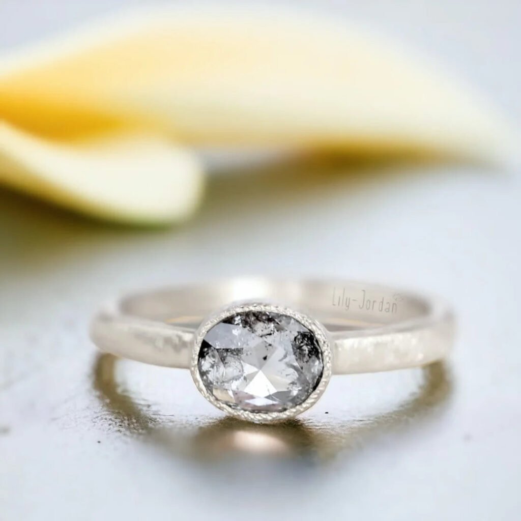 Rose Old Cushion Salt And Pepper Diamond Ring Victorian Style