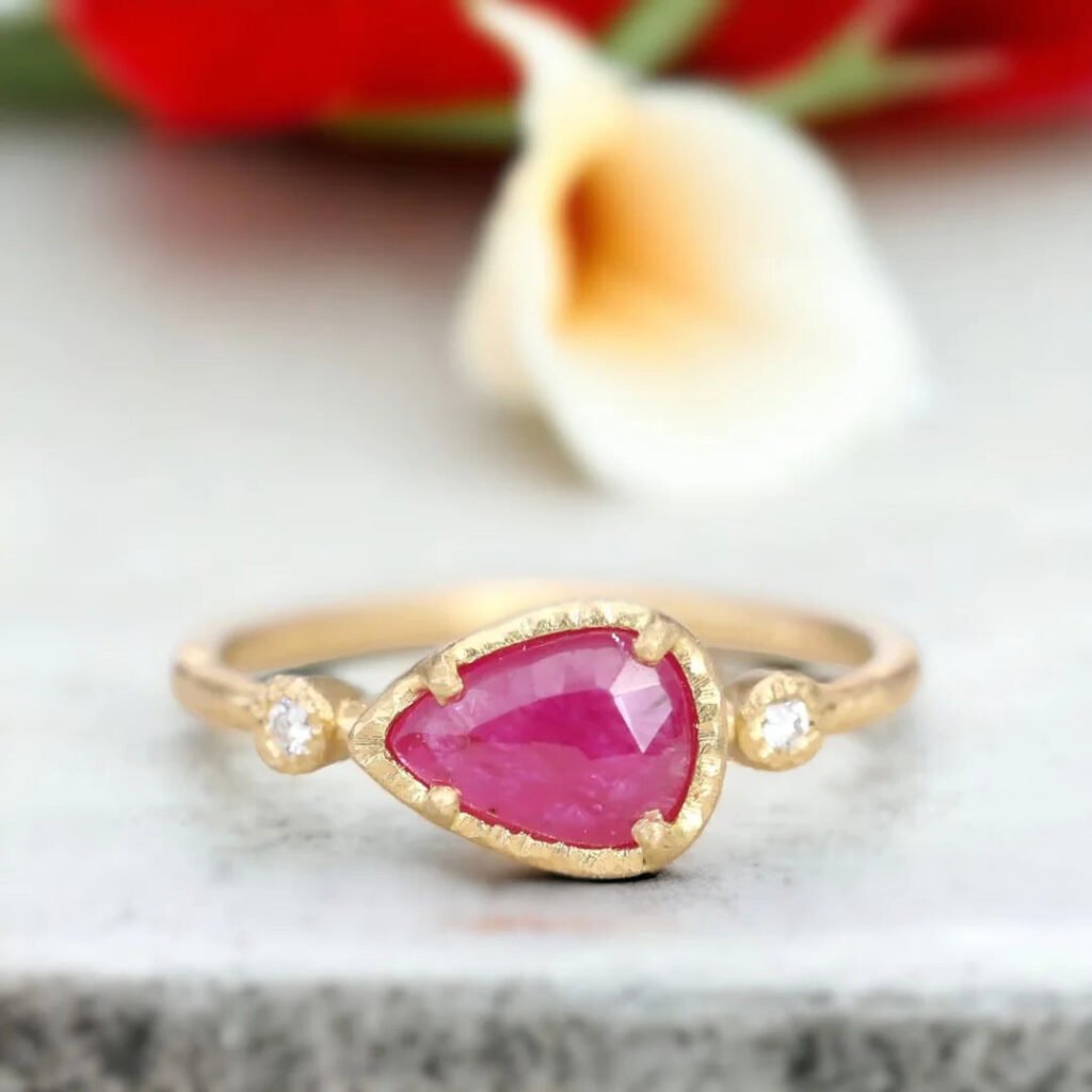 Rose Pear Ruby Diamond Ring With Side Diamonds