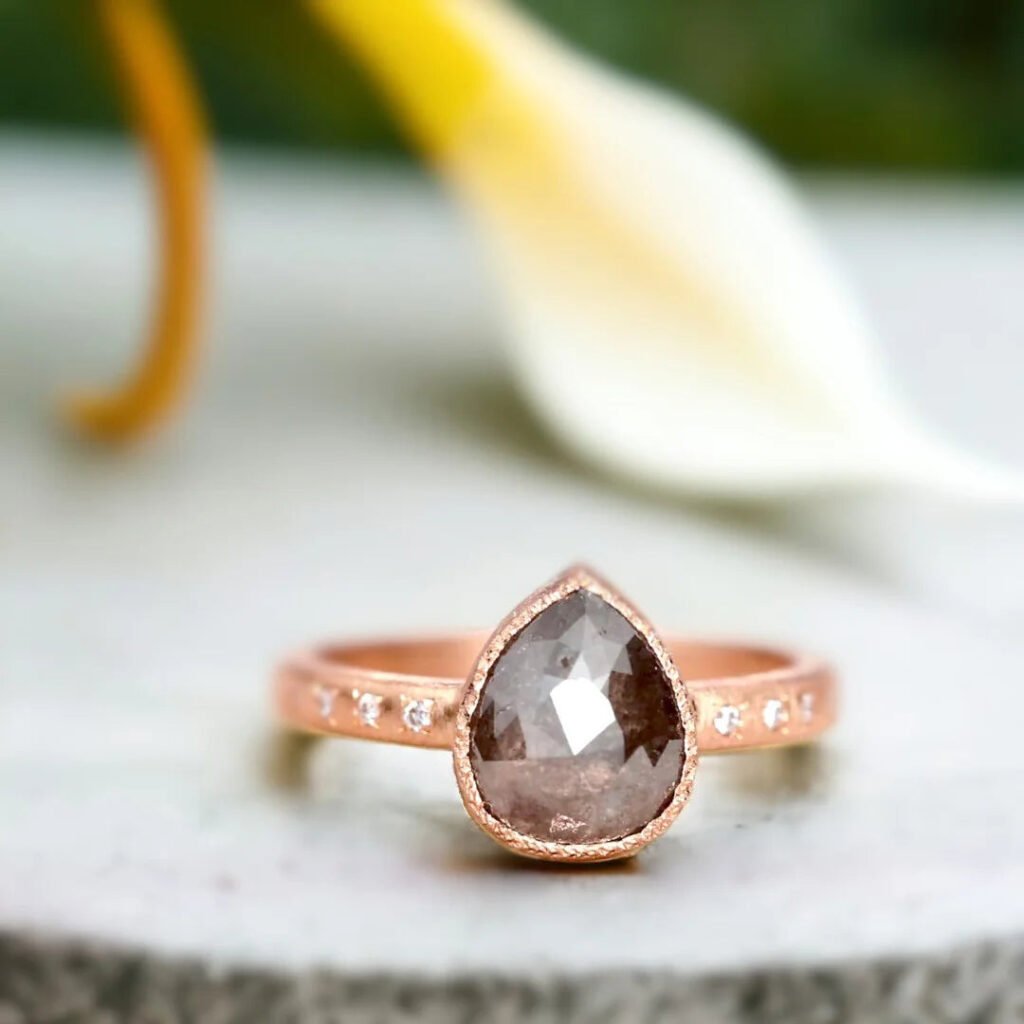Rose Pear Salt And Pepper Diamond Ring With 2.70 CT Stone