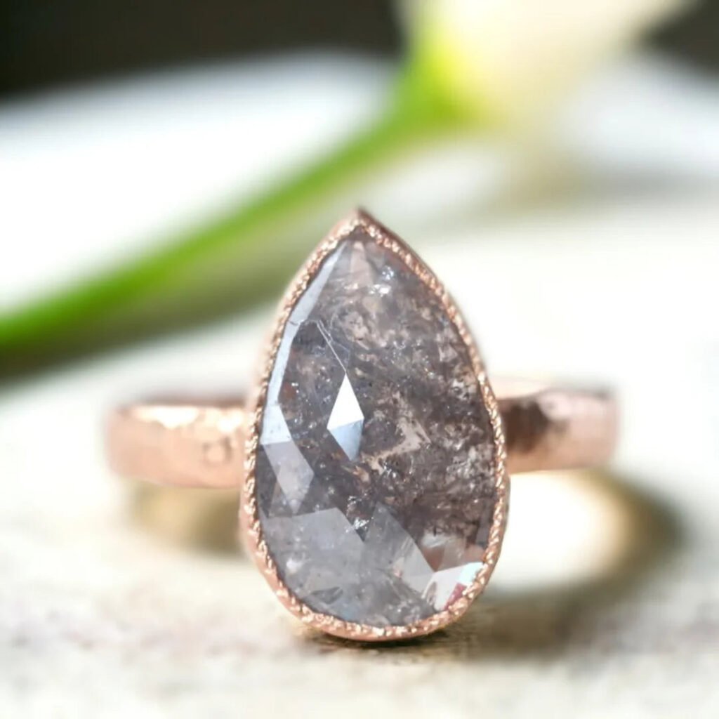 Rose Pear Salt And Pepper Diamond Ring 4.01 Ct Engagement Ring