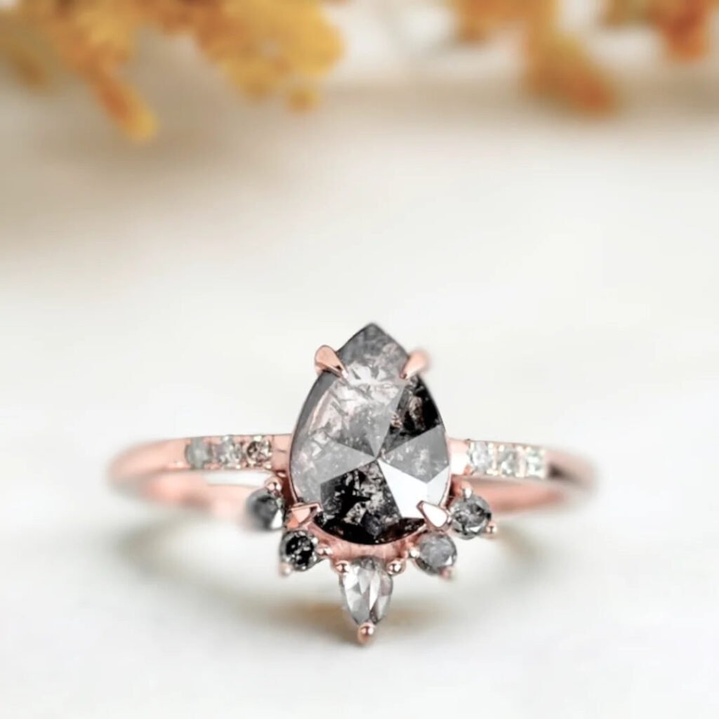 Rose Pear Salt And Pepper Diamond Ring With Grey Diamonds