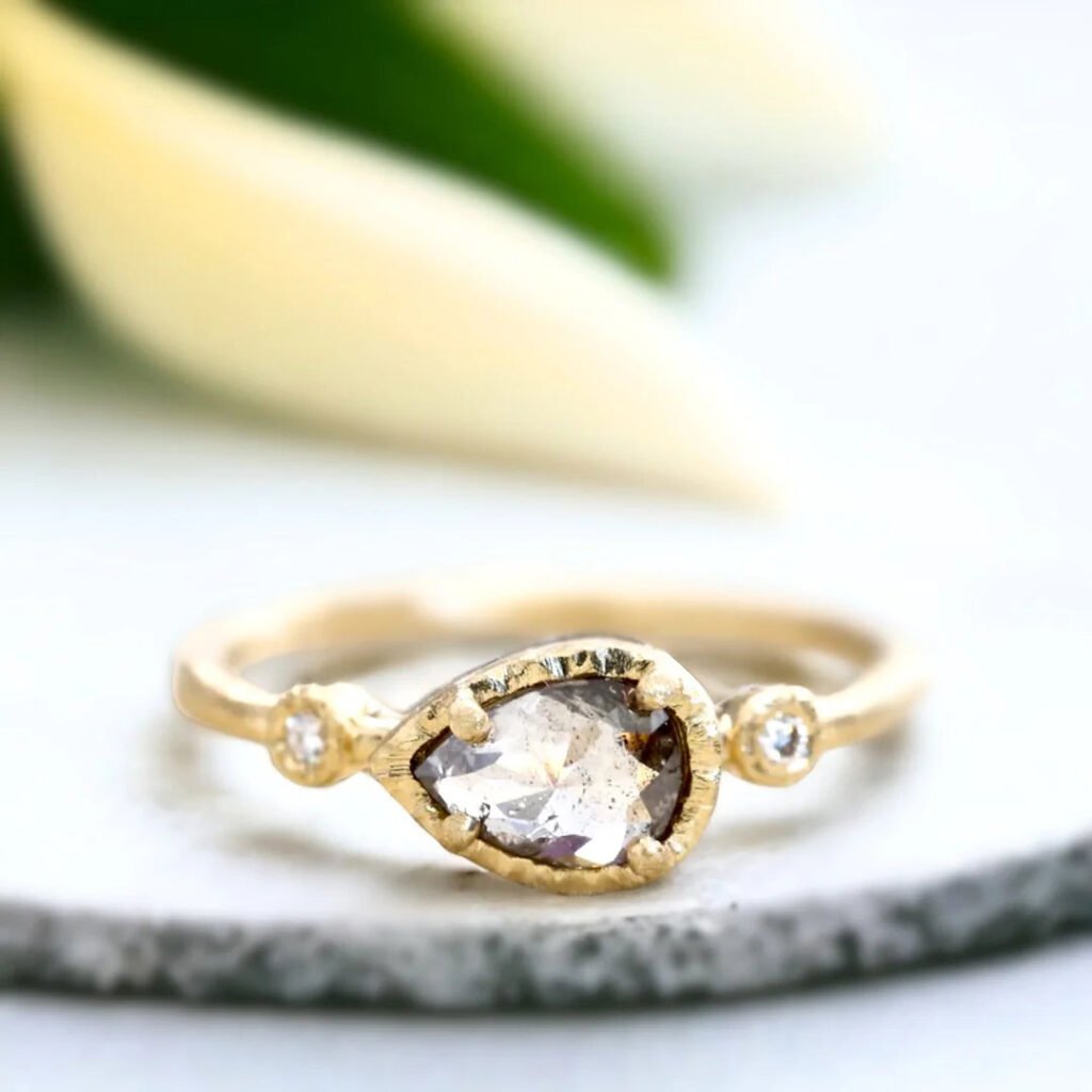 Rose Pear Salt And Pepper Diamond Ring With Side Diamonds