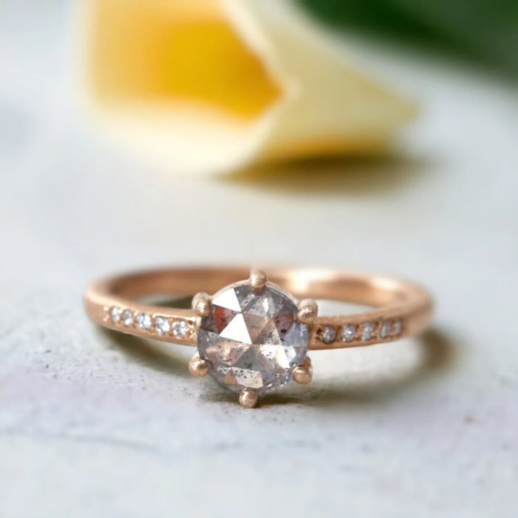 Round Rose Cut Salt And Pepper Diamond Ring With White Accent Diamonds