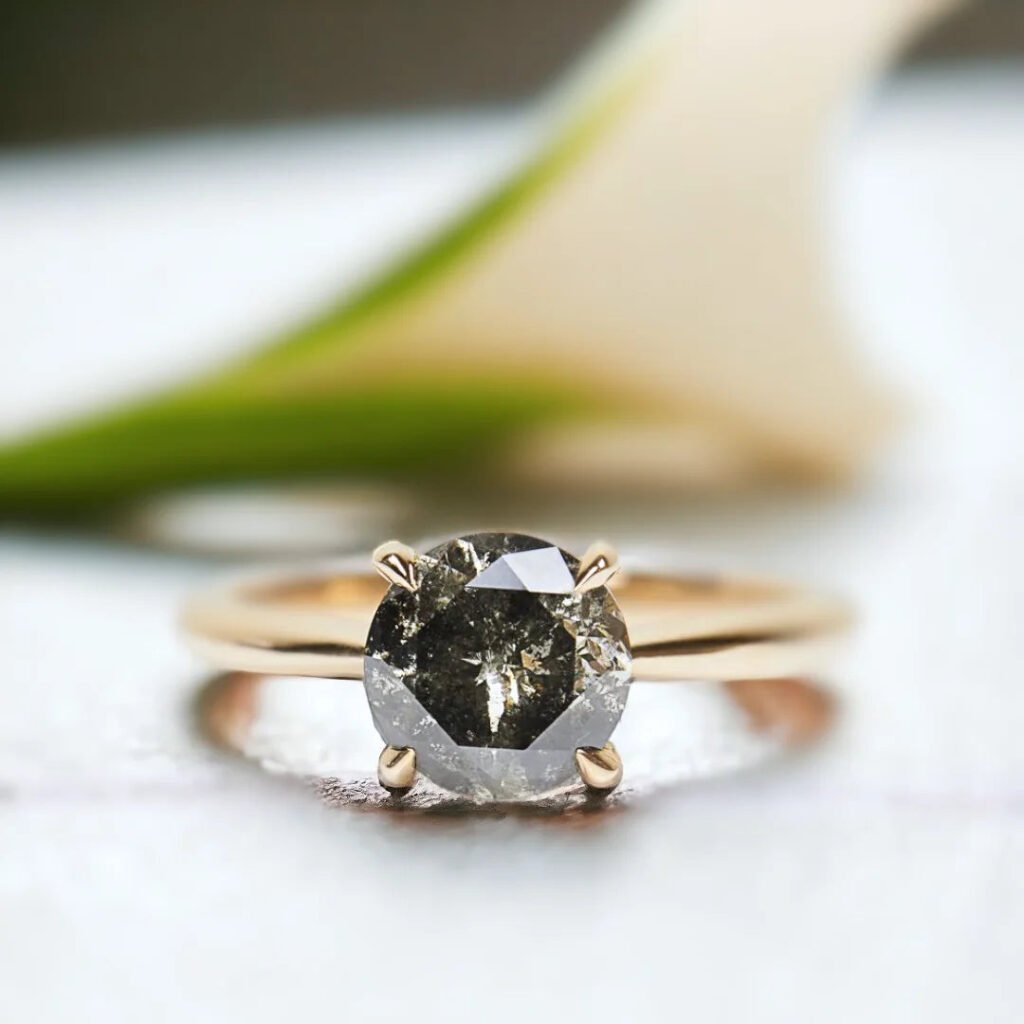 Round Salt And Pepper Diamond Ring With 1.60 CT Round Cut Stone