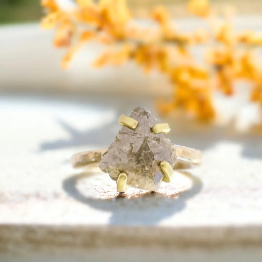 Raw Salt and Pepper Diamond Ring Rustic Hammered Gold Gray Diamond