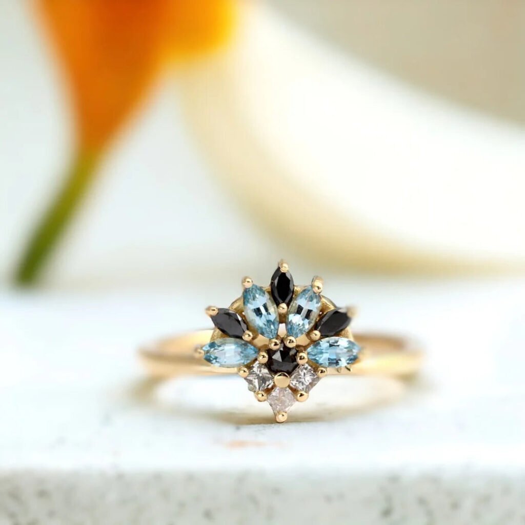 Salt and Pepper Cluster Diamond Ring Marquise Aquamarine Engagement