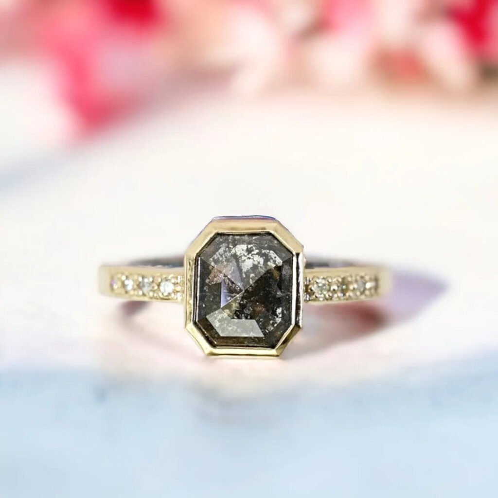 Salt and Pepper Diamond Anniversary Ring Emerald Cut Milestone Ring