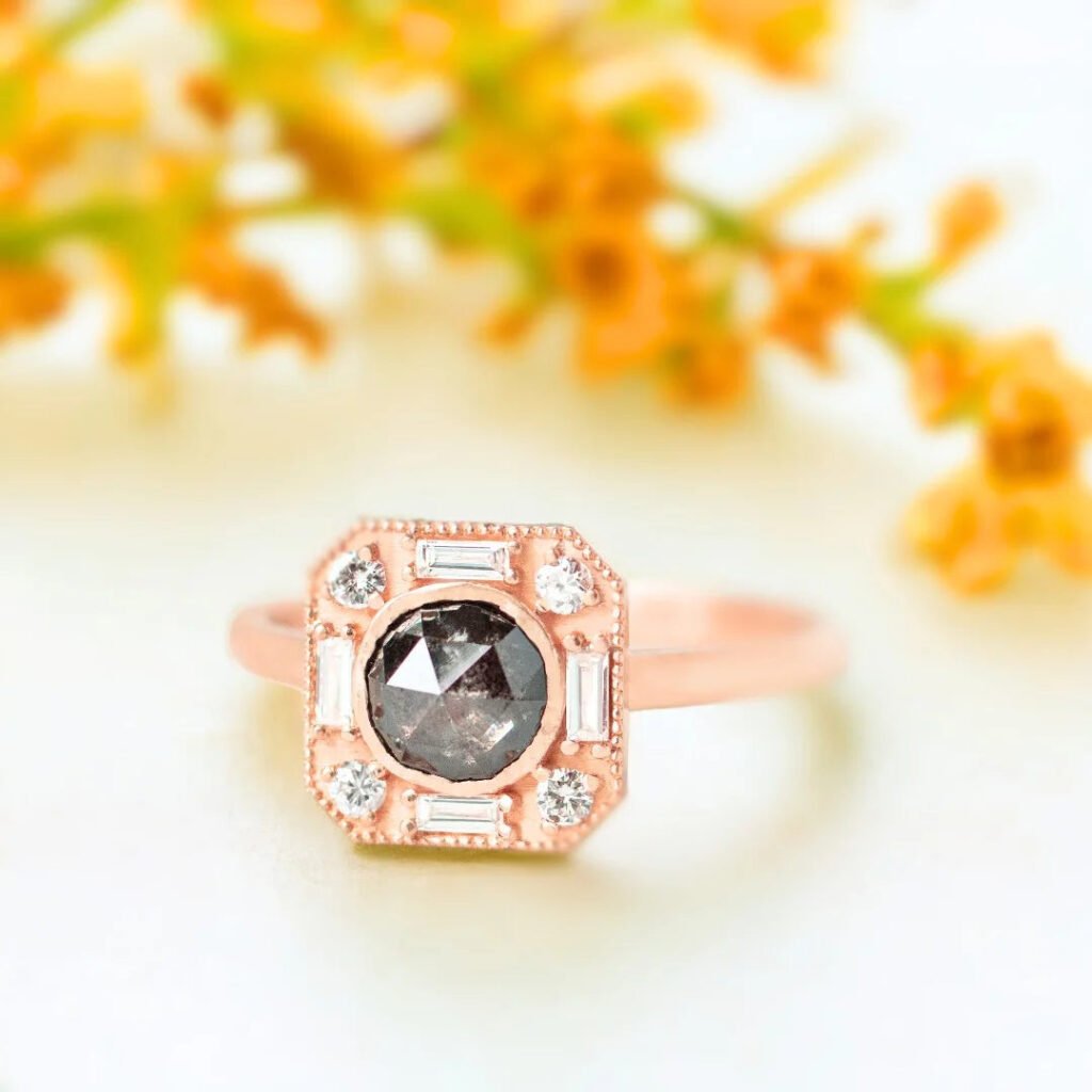 Salt and Pepper Diamond Bezel Ring Rustic Baguette Accents Ring