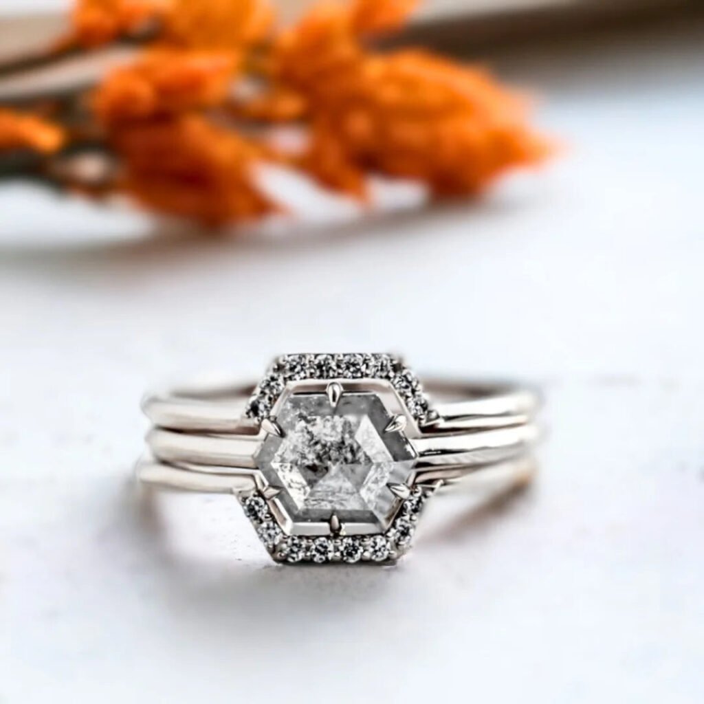 Salt and Pepper Diamond Bridal Ring Set Regal Design 1.20 CT Hexagon