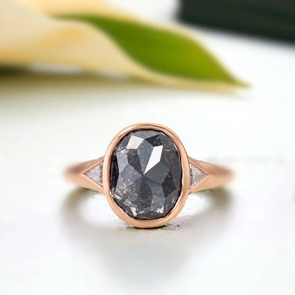 Salt and Pepper Diamond Engagement Ring Rose Cut Diamond Trillion Accents
