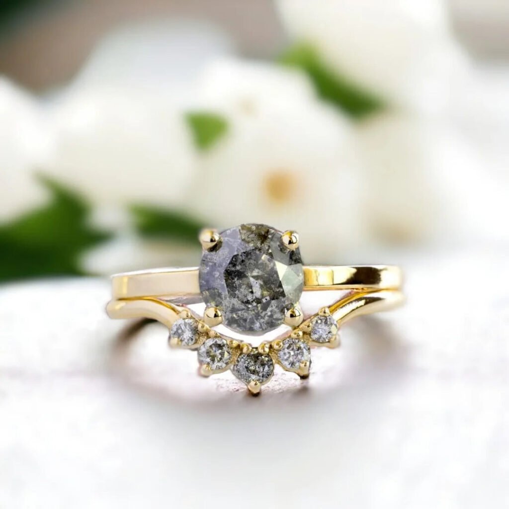 Salt And Pepper Diamond Engagement Ring Round Cut 1 Ct Curved Band Set