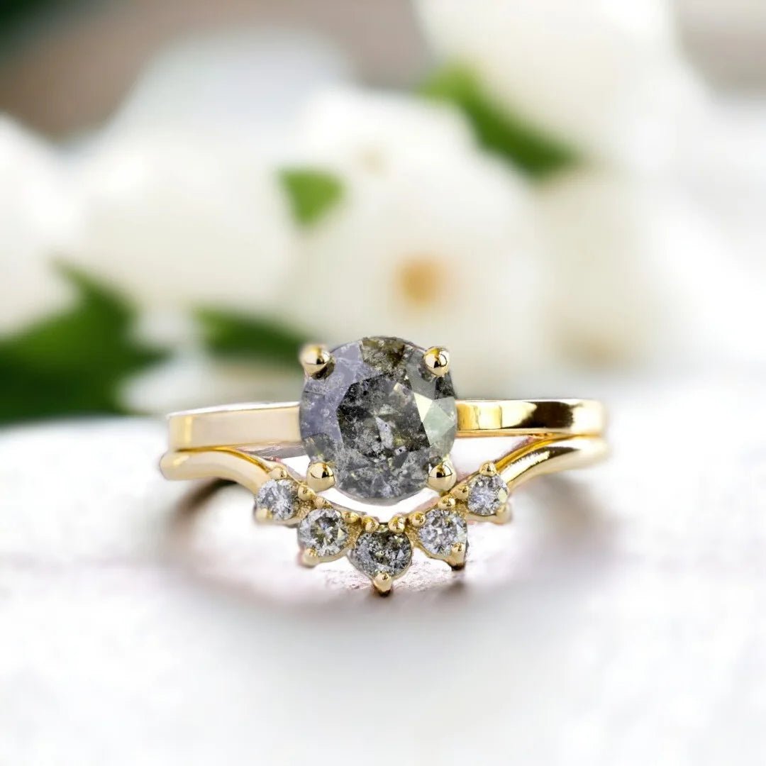 Salt And Pepper Diamond Engagement Ring Round Cut 1 Ct Curved Band Set - Image 1