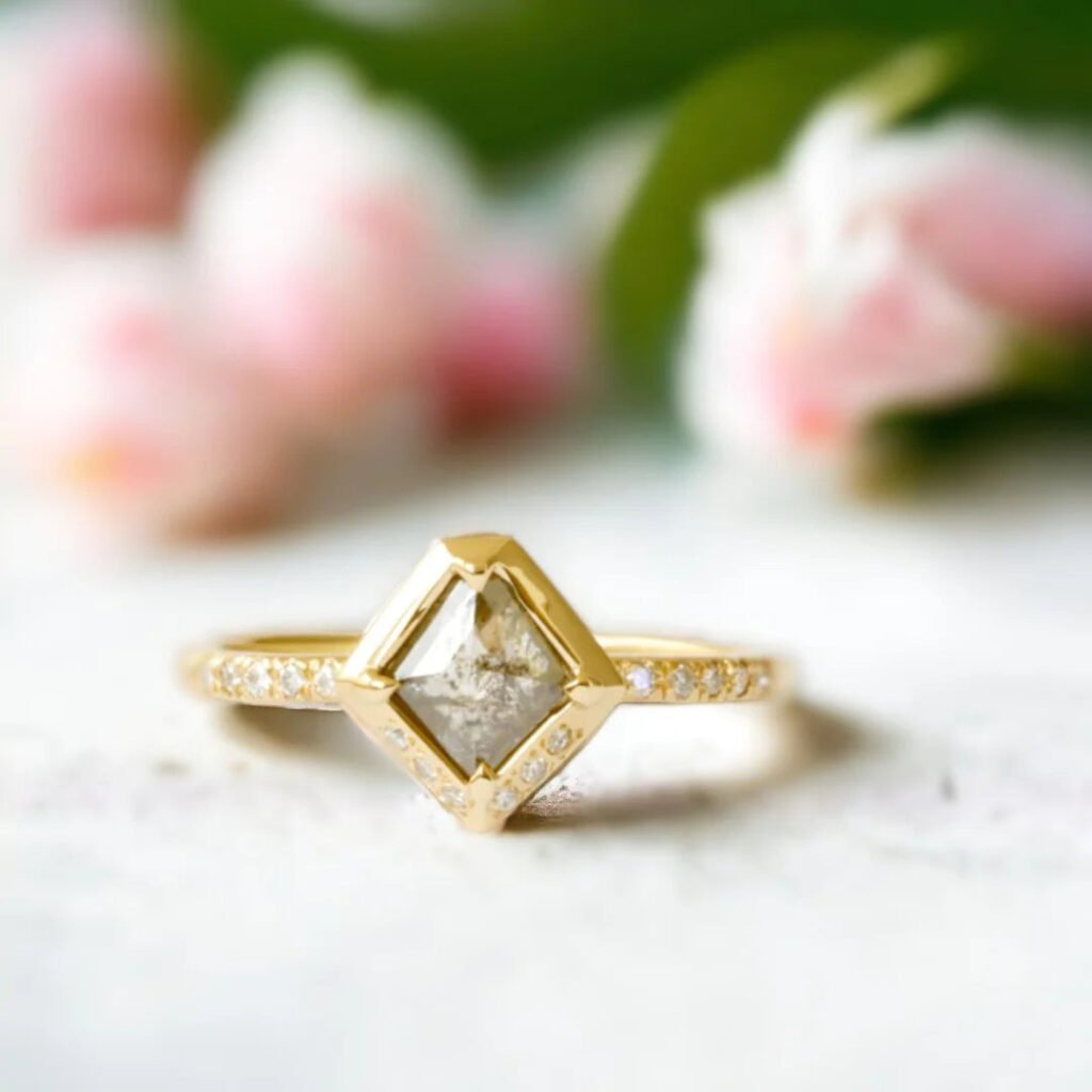 Salt and Pepper Diamond Minimalist Ring 0.72 CT Lozenge Design