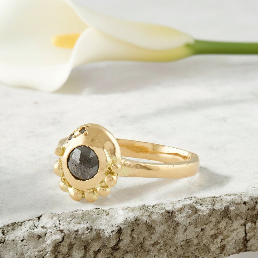 Salt and Pepper Diamond Ring with Round Rose Cut Diamond