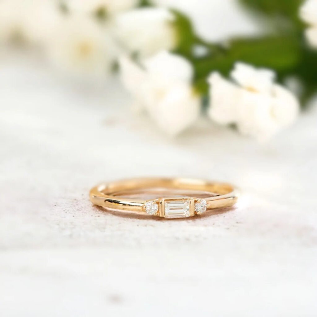 Salt and Pepper Diamond Ring with Baguette Diamonds in Solid Gold