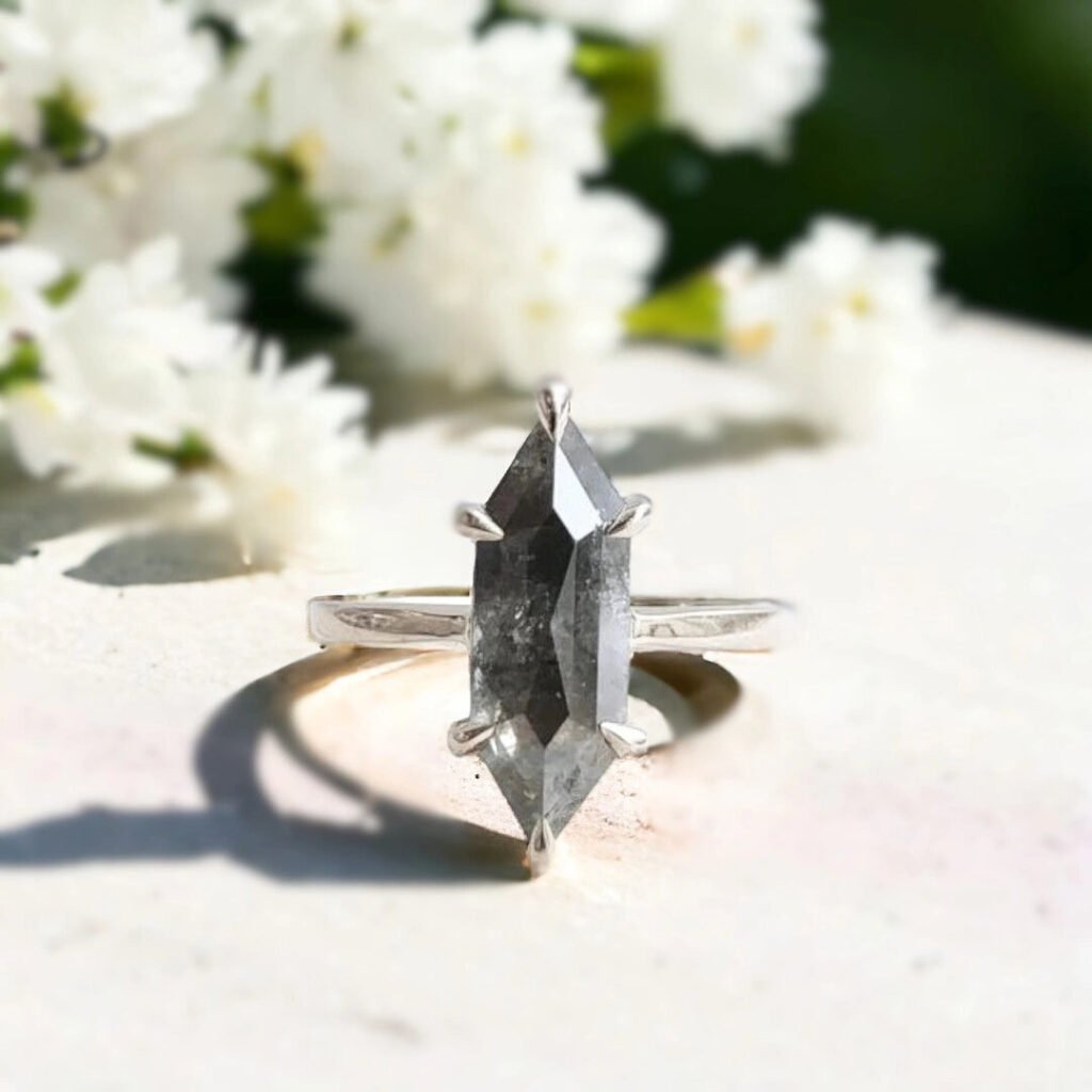 Salt and Pepper Diamond Ring Black Speckled Hexagon Claw Set