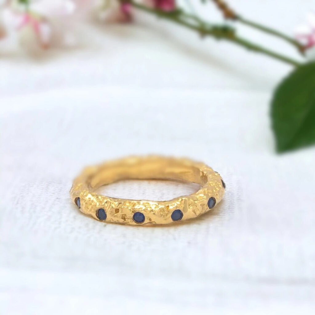 Salt and Pepper Diamond Ring Gold Foil Blue Sapphire Stacking Rings