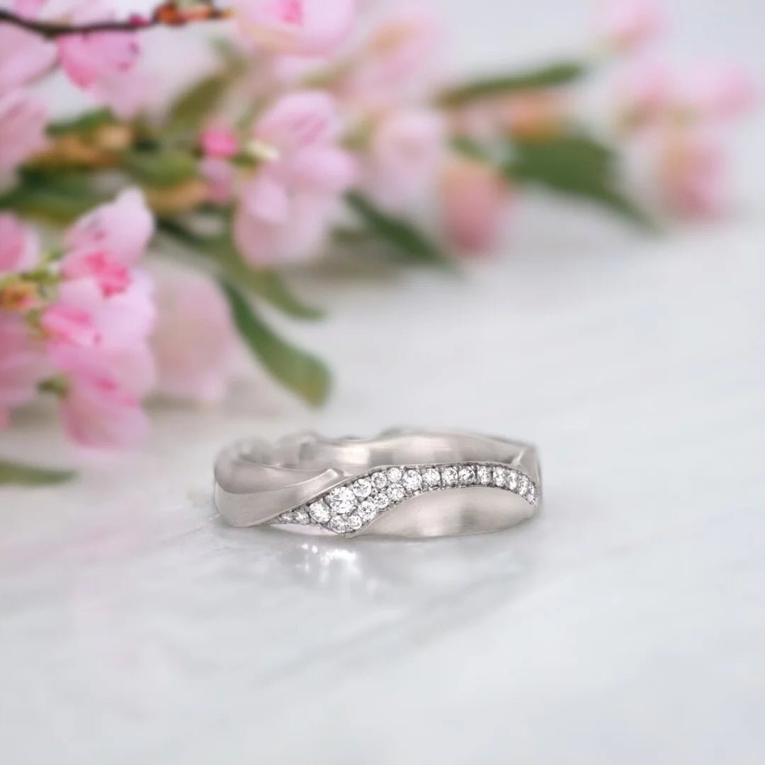 Salt And Pepper Diamond Ring Hand Carved Ripple Band Matte Finish Ring - Image 1