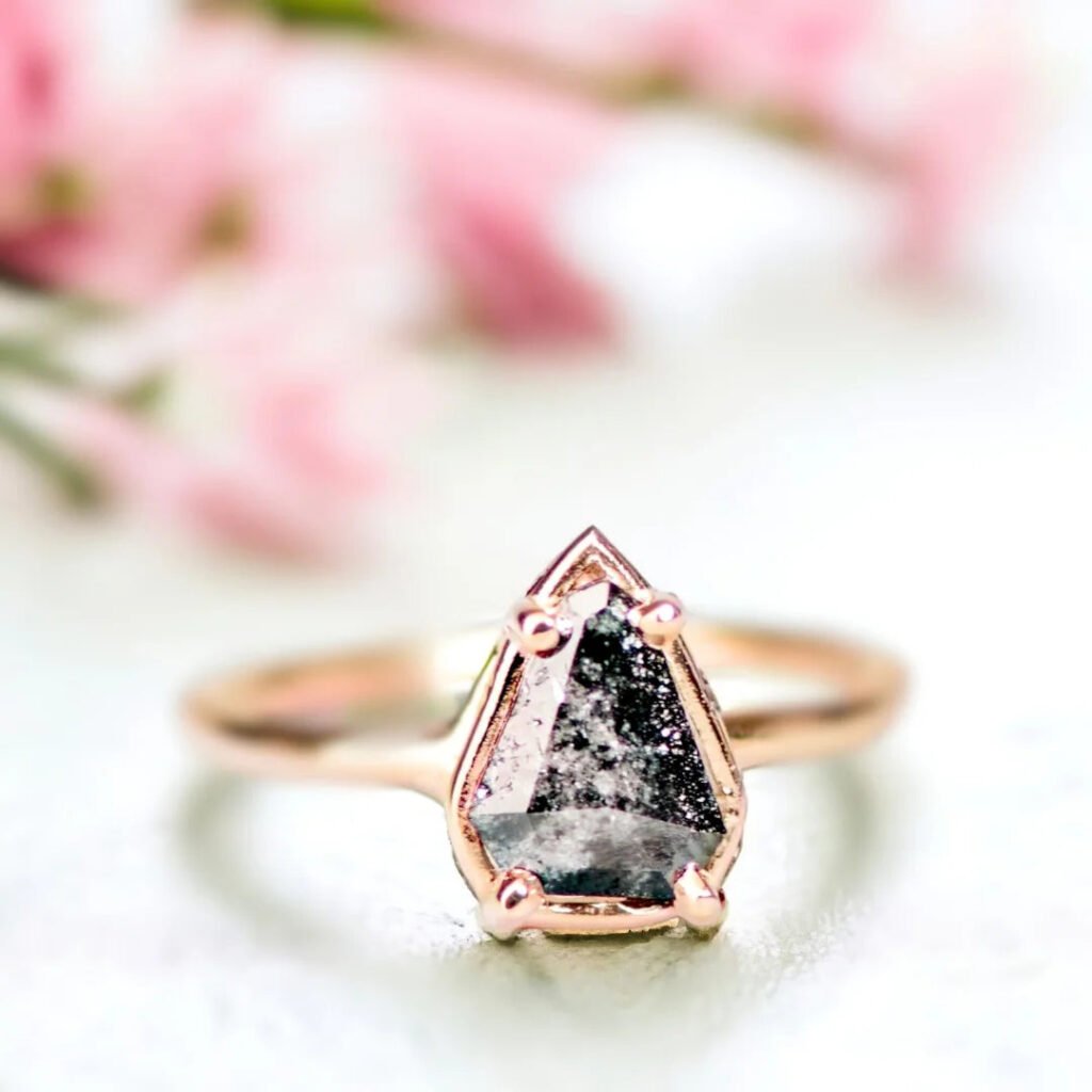 Salt And Pepper Diamond Ring Shield Cut 1.10 Ct Minimalist Ring