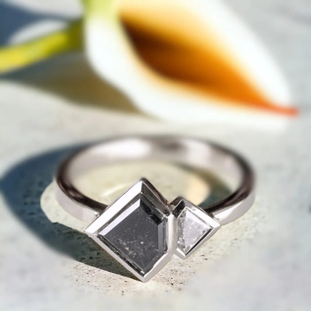 Salt And Pepper Diamond Ring Double Shield Diamond Design