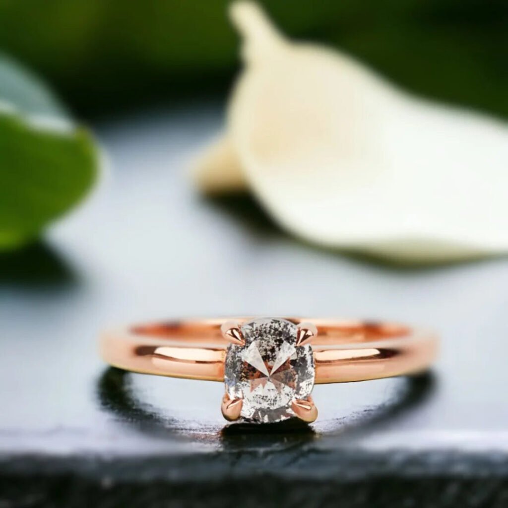 Salt And Pepper Diamond Ring With Vintage Rose Cut Diamond