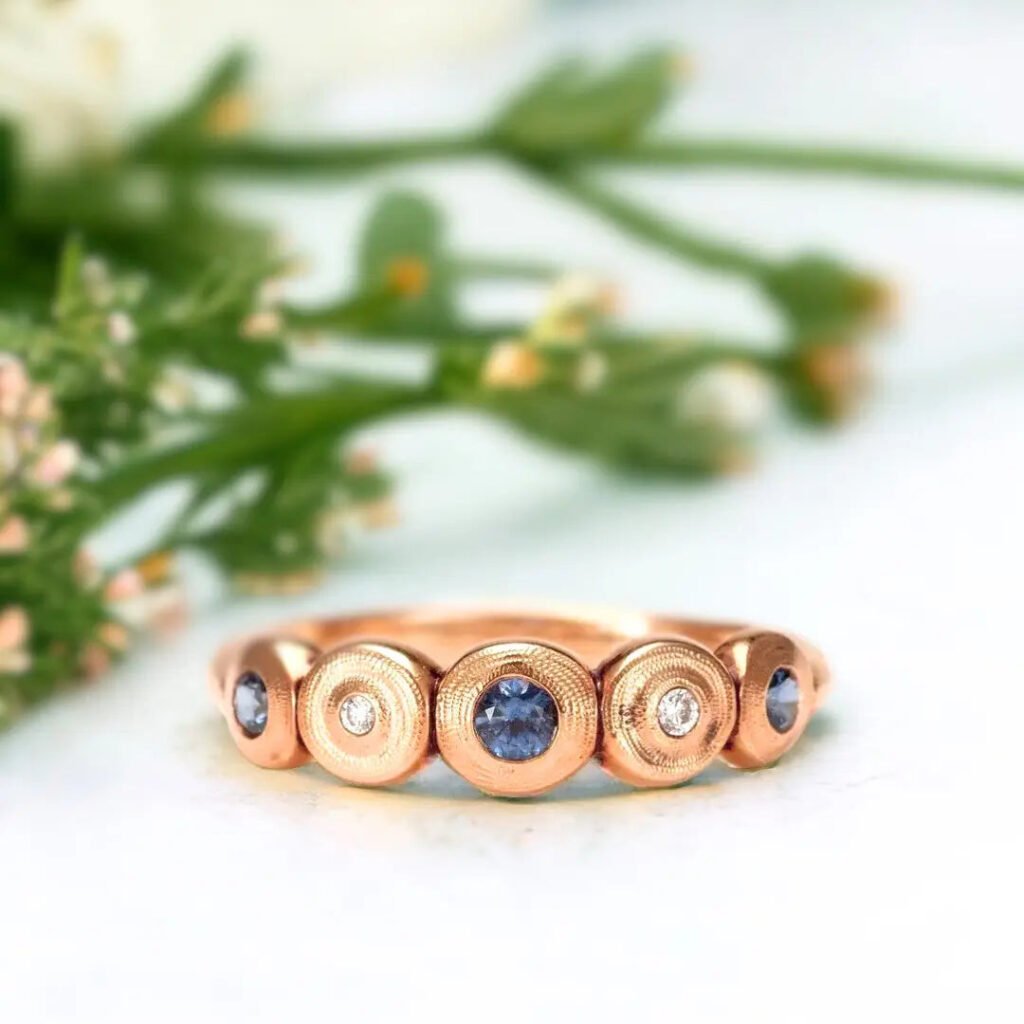 Salt and Pepper Diamond Sapphire Ring Five Seed Dome Sapphire Diamond