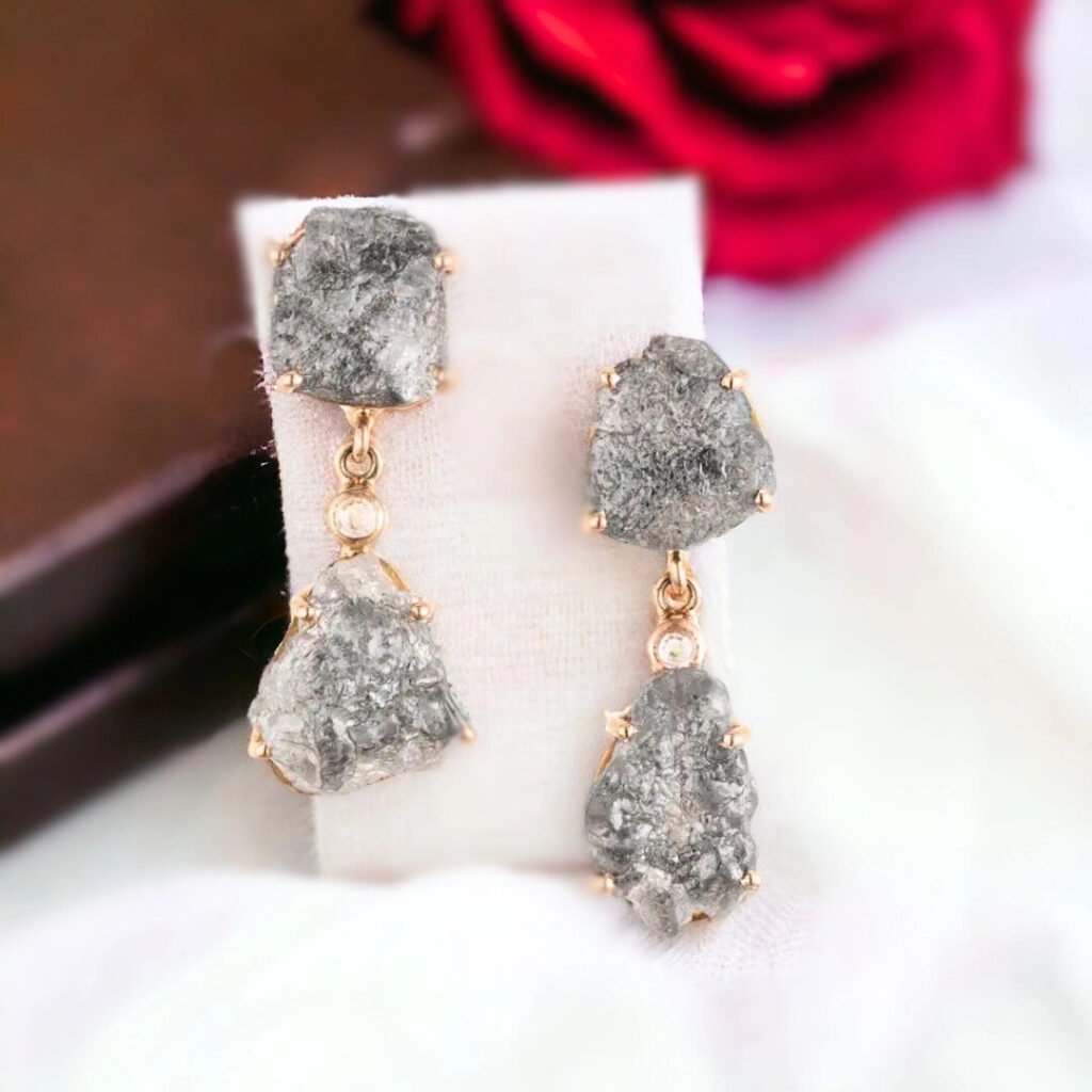 Salt and Pepper Gemstone Drop Earrings Natural Raw Artisan Design