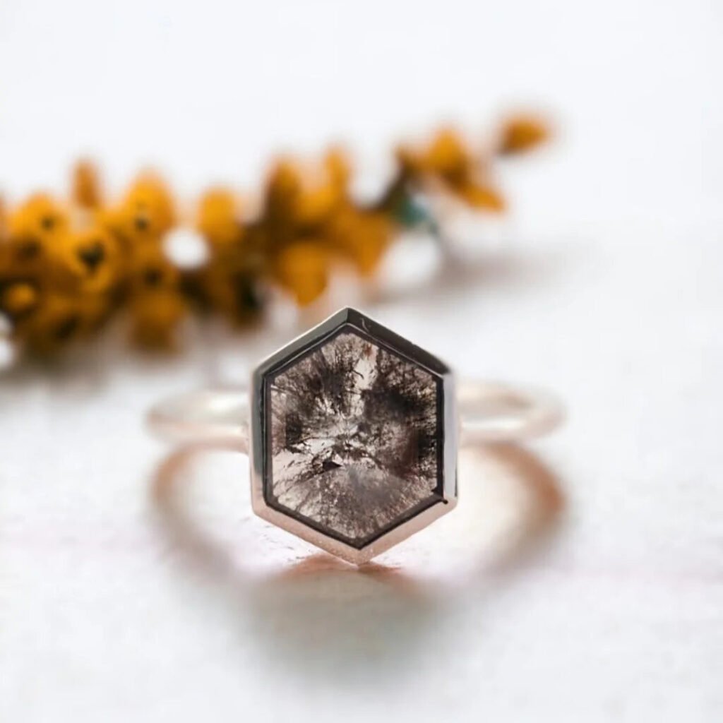 Salt and Pepper Hexagon Diamond Ring 2.17 CT Vintage Elegant Design