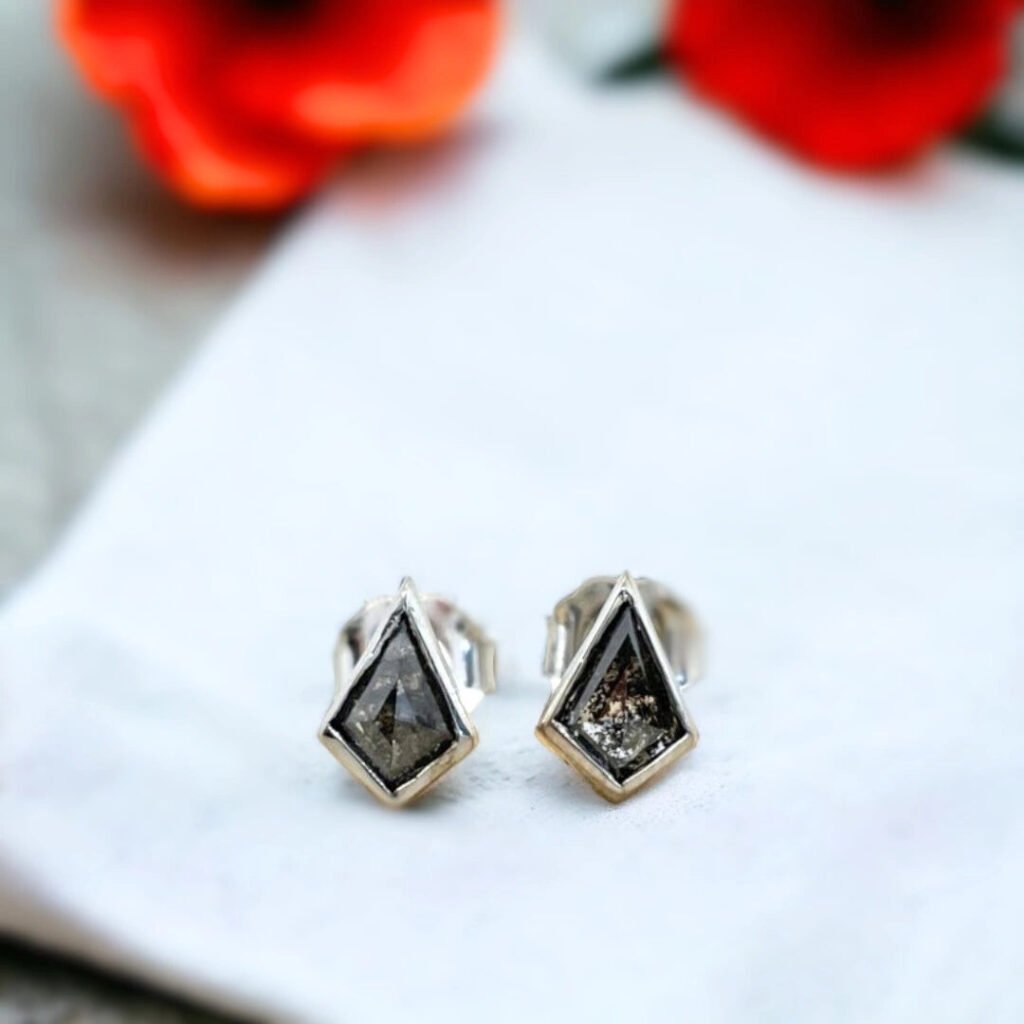 Salt and Pepper Diamond Stud Earrings Kite Shaped Bezel Set Studs