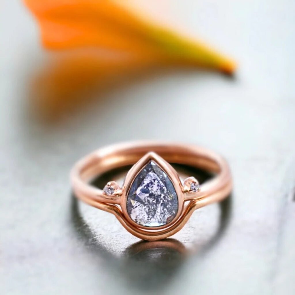 Salt And Pepper Pear Diamond Engagement Ring With Side Stones