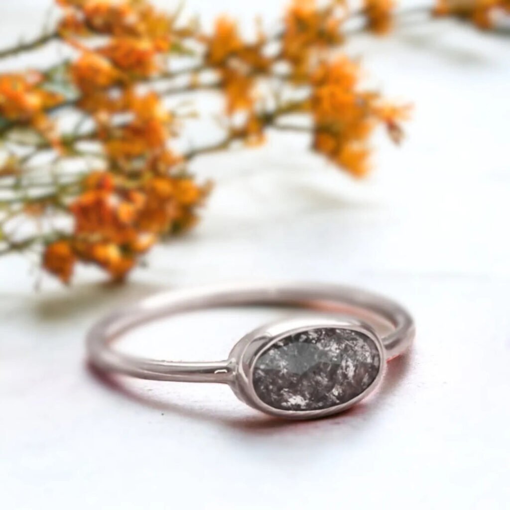 Salt And Pepper Rose Oval Diamond Ring Vintage Solitaire Design