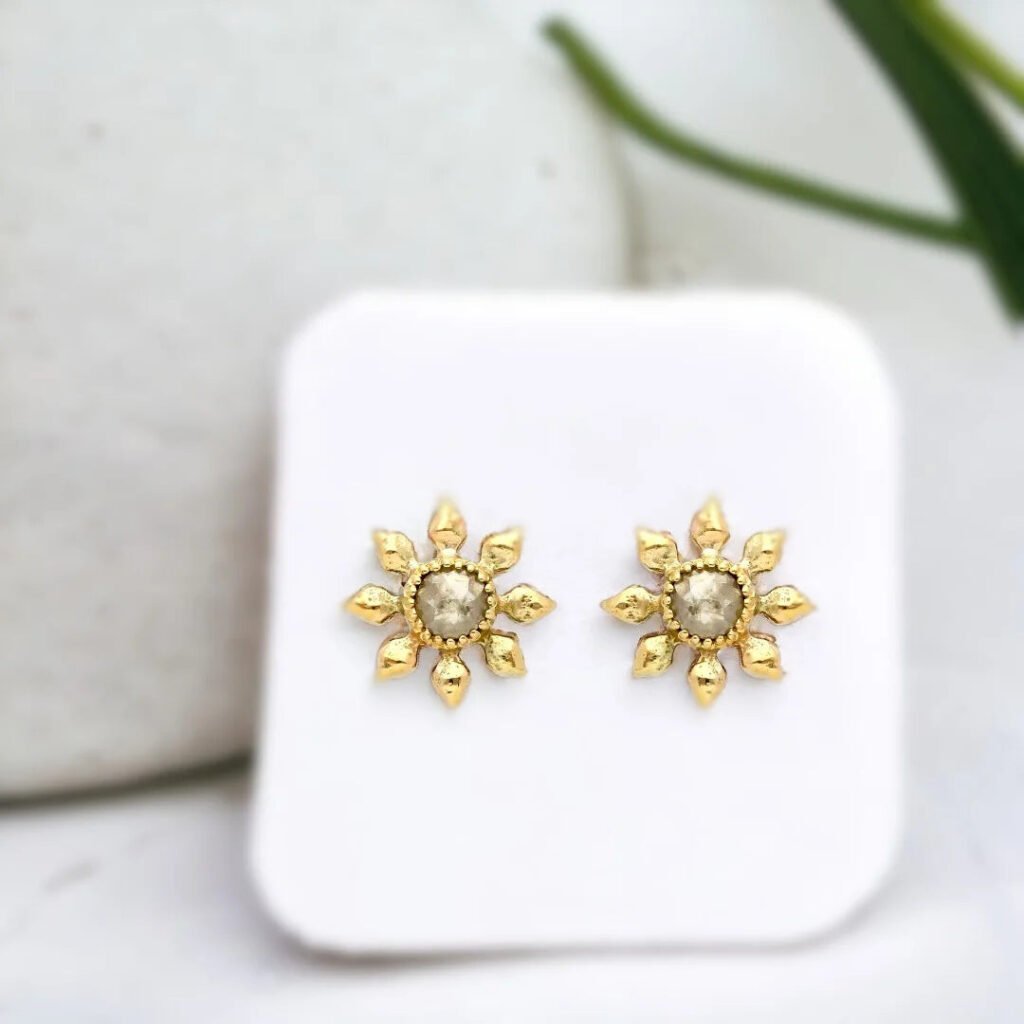 Salt and Pepper Diamond Stud Earrings with Rose Cut Grey Diamonds