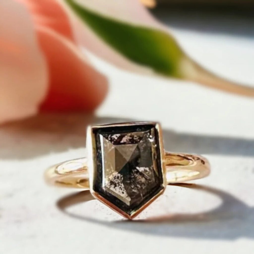 Shield Salt And Pepper Diamond Ring Amethyst Shield Cut Design