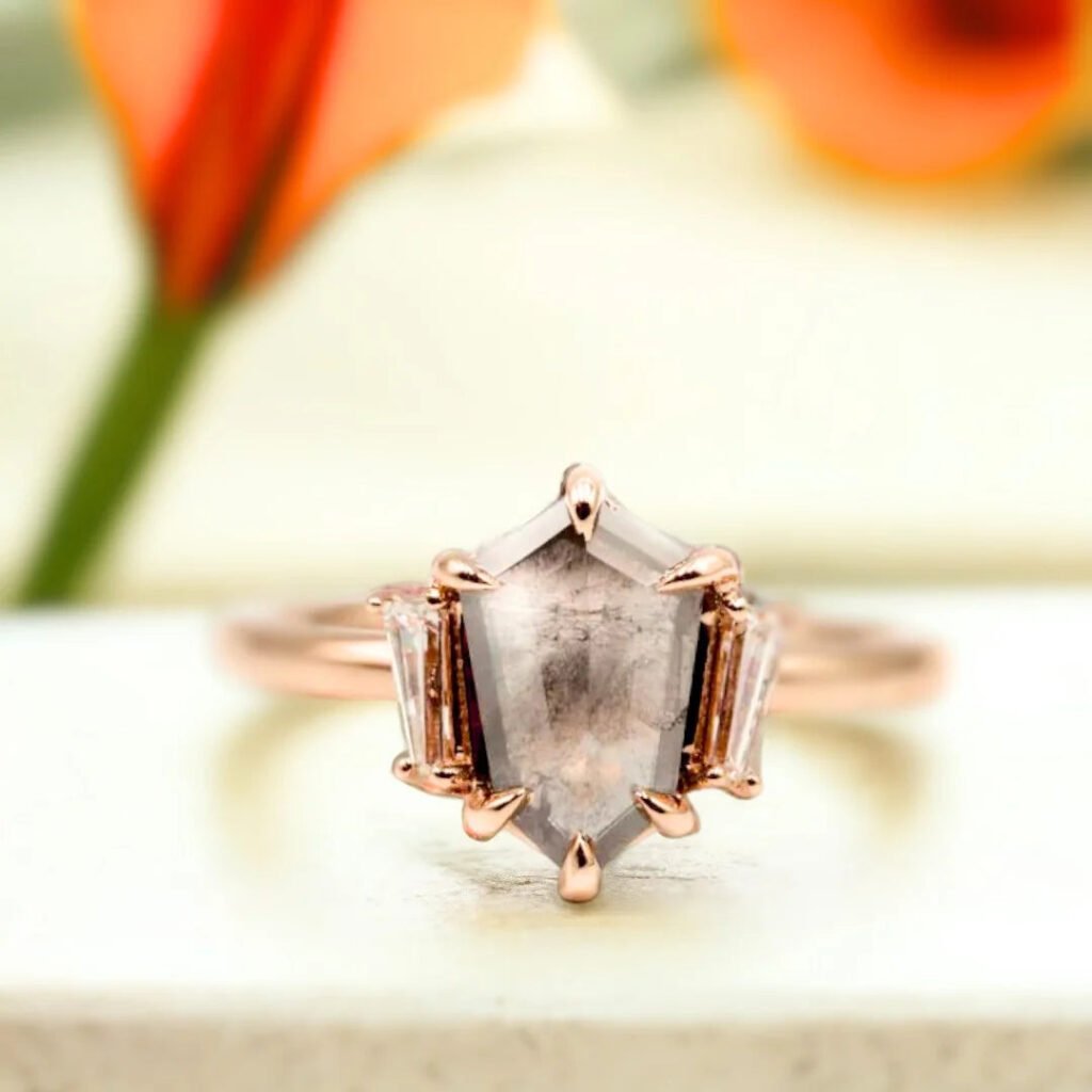 Shield Salt And Pepper Diamond Ring With 1.10 CT Shield Cut Stone