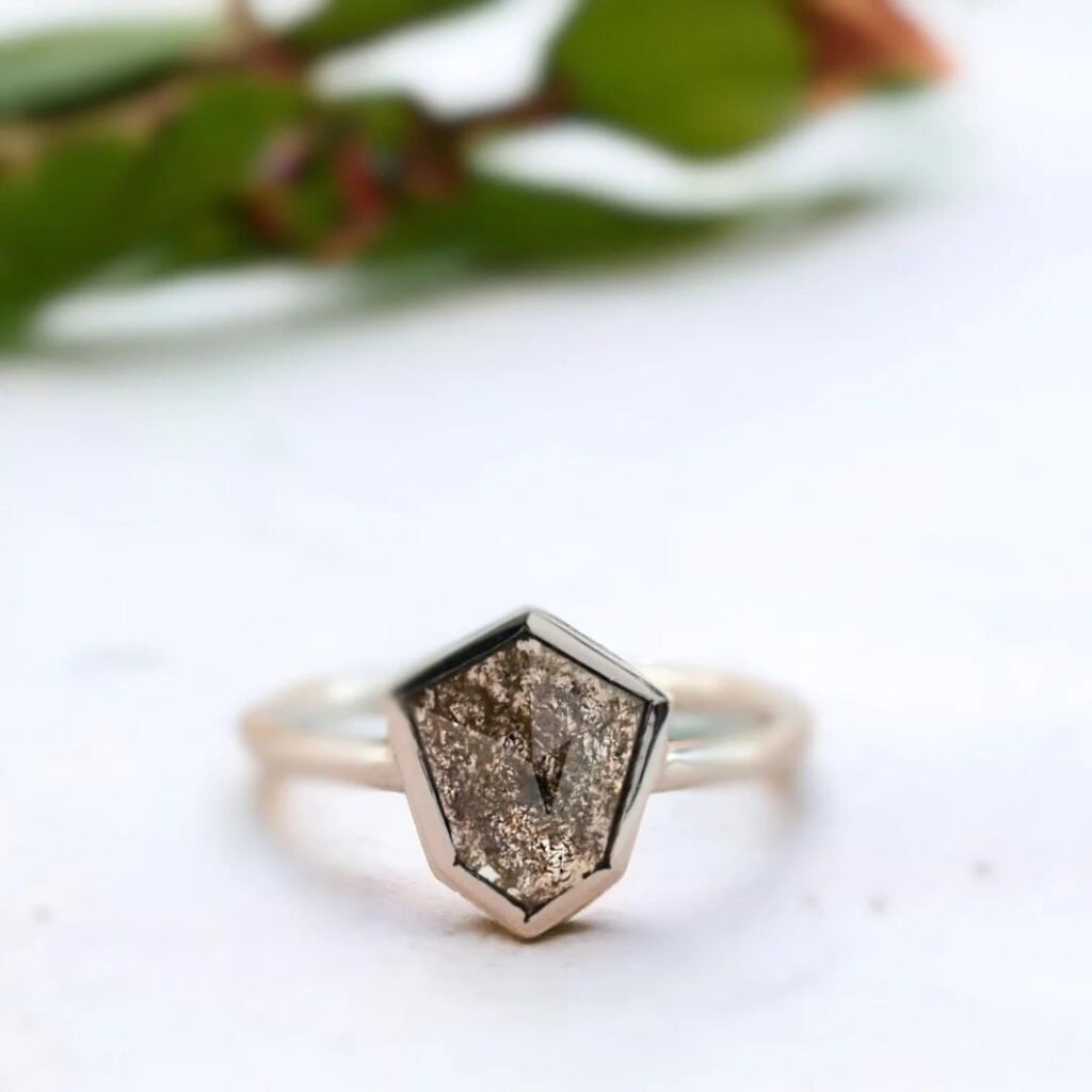 Shield Salt And Pepper Diamond Ring With 1.35 CT Shield Cut Stone
