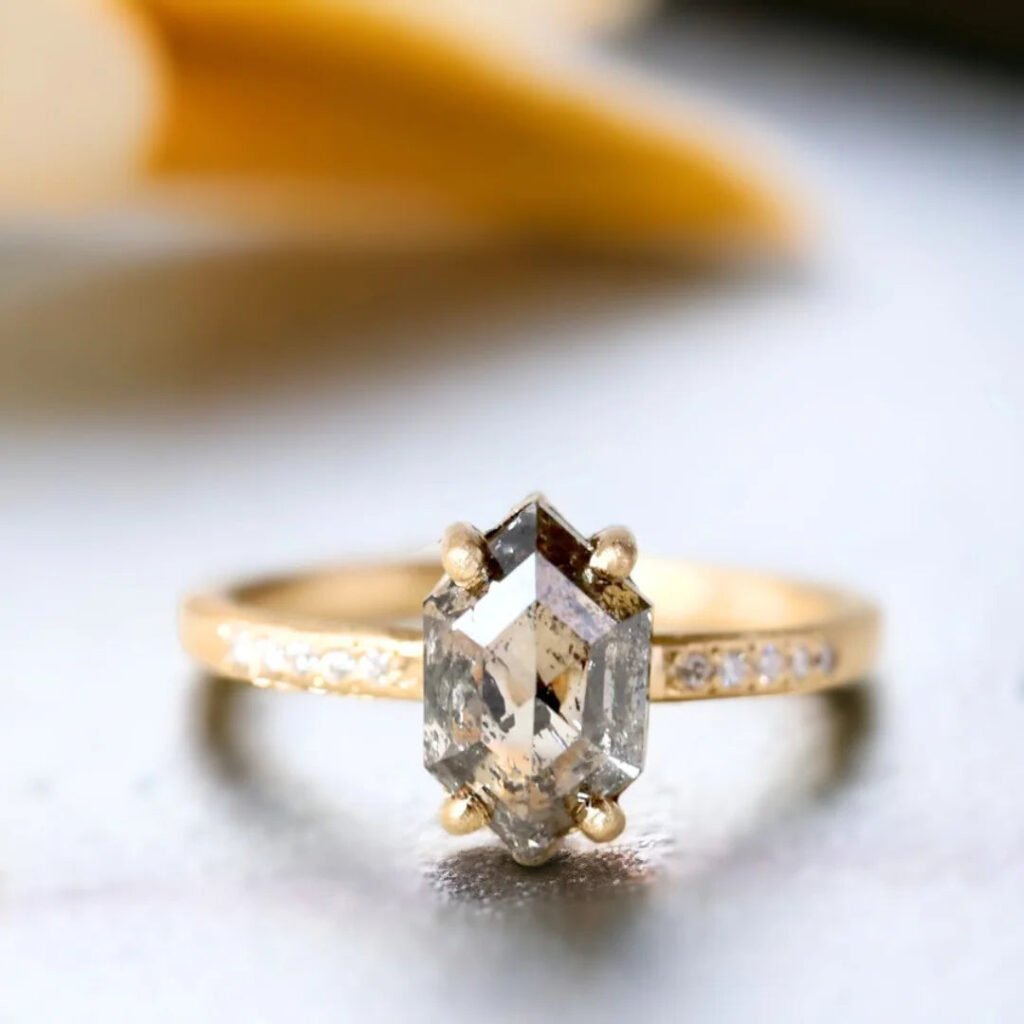 Step Hexagon Salt And Pepper Diamond Ring Engagement Natural Duo Design