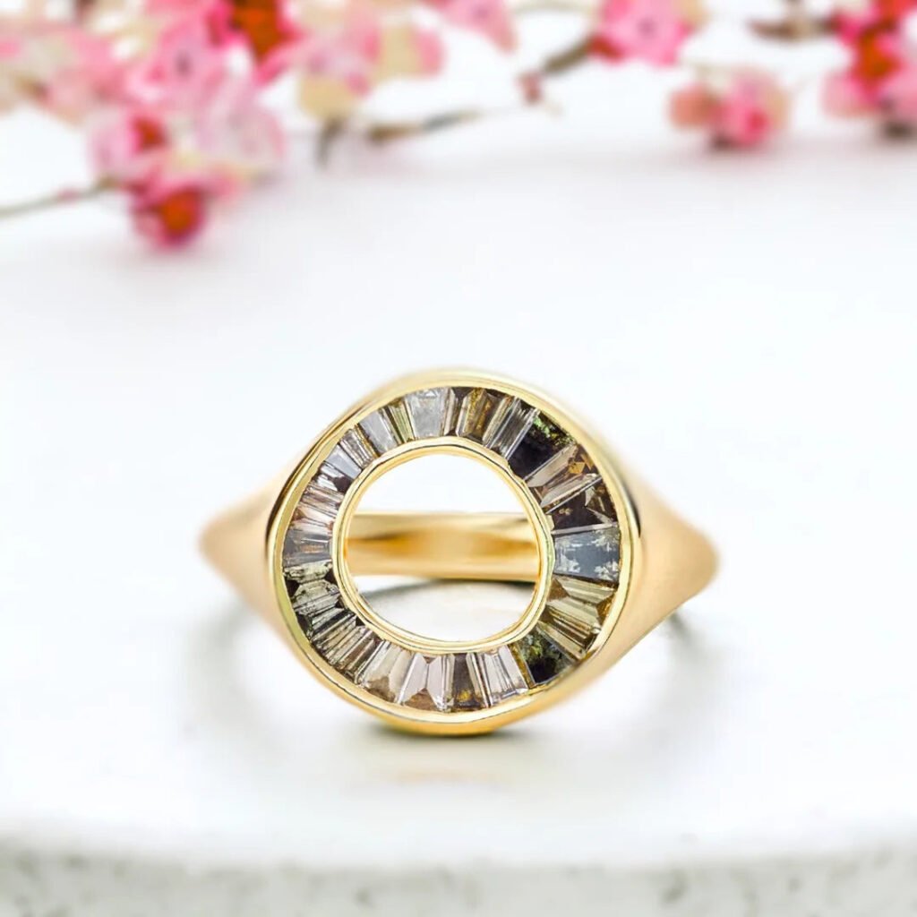Tapered Baguette Salt and Pepper Diamond Ring Grey Sphere OOAK Design