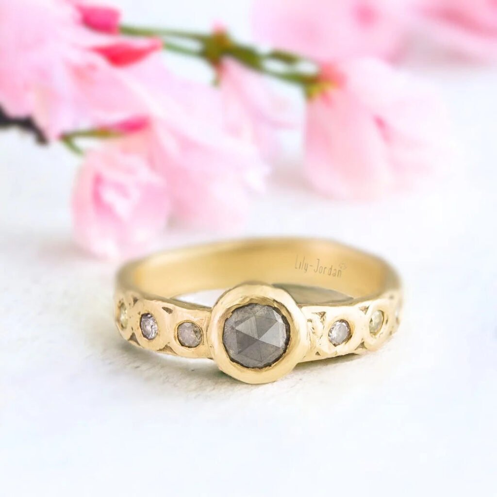 Vintage Salt and Pepper Diamond Ring Heirloom Rose Cut 0.55 CT Design