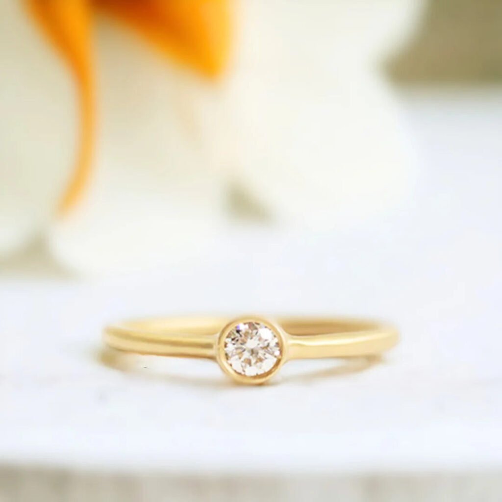 Yellow Gold Diamond Solitaire Ring Minimalist 0.55 CT White Diamond